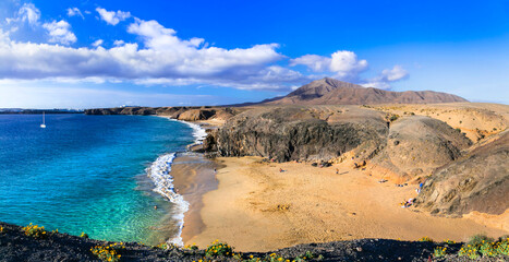 Scenic nature and beautiful  beaches of volcanic Lanzarote. Papagayo beach. Canary islands