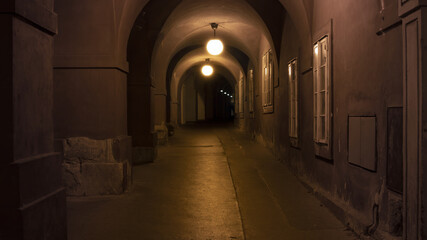 Night photo of an old and dark alley
