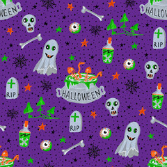 Halloween seamless pattern with ghost, skull, poison