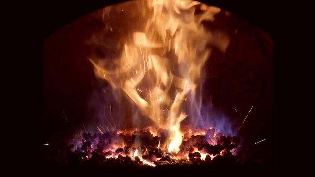 Close-up Coal Fire Flames In A Coal Boiler