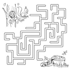 Maze game with a squirrel. Help the little squirrel to get to the mushrooms by the old tree stump. Black sketch. Coloring page. 