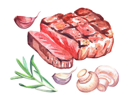 Grilled beef steak with rosemary, mushrooms and tomato. Watercolor hand drawn illustration isolated on white background.