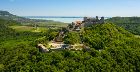 Castle of Szigliget aerial view in summer.
