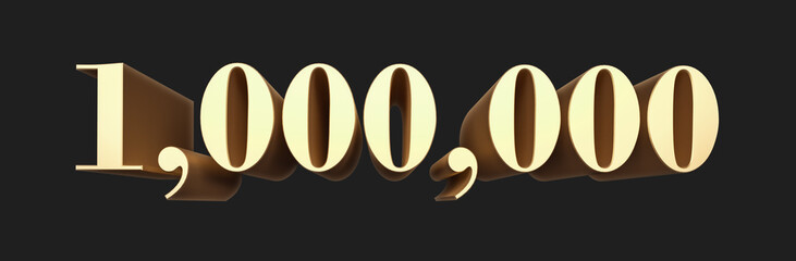 1.000.000 one million number rendering. Metallic gold 3D numbers. 3D Illustration. Isolated on black background.