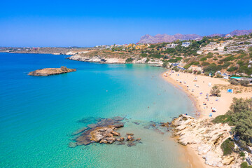 Sandy beach of Kalathas with the picturesque islet in Akrotiri Chania, Crete, Greece. - obrazy, fototapety, plakaty