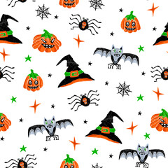 Halloween seamless background with pumpkins, bats, spiders and witch hats