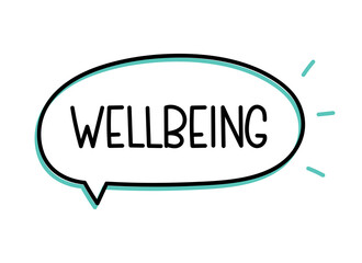 Wellbeing inscription. Handwritten lettering illustration. Black vector text in speech bubble. Simple outline marker