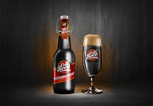 Oatmeal Stout Beer Bottle And Goblet Mockup