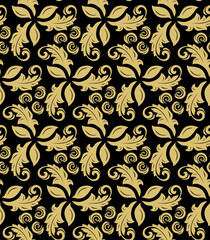 Floral ornament. Seamless abstract classic background with flowers. Pattern with repeating floral elements. Black and golden ornament for fabric, wallpaper and packaging