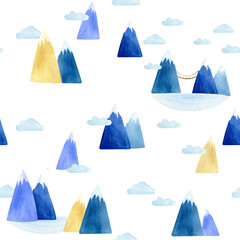 Winter mountain landscape. Seamless watercolor pattern. Hand-drawn illustration. 
