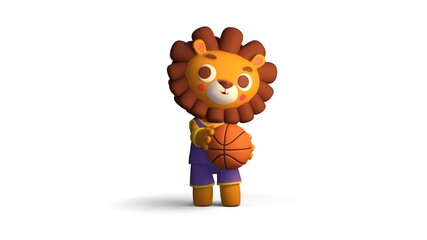 Stylized cartoon kid child lion plays basketball, white background, 3d illustration