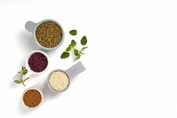  Middle Eastern zaatar spices with ingredients. Top view with copy space