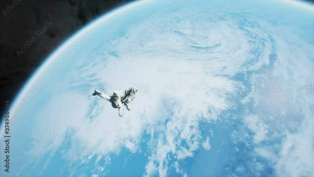 Poster an astronaut is flying in outer space and falls on an unknown blue planet. animation for fantasy, fu