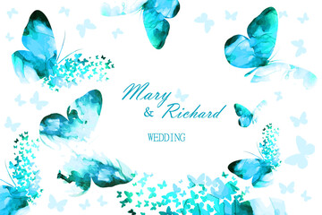 Wedding card with pink butterflies. Vector illustration