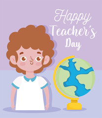 happy teachers day, young boy student and school globe