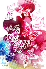 Silhouettes of white butterflies on a watercolor picturesque background. Vector illustration
