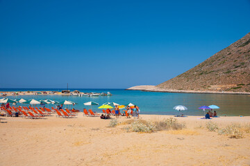Amazing sandy beach of Stavros in a scenic lagoon, Chania, Crete, Greece.