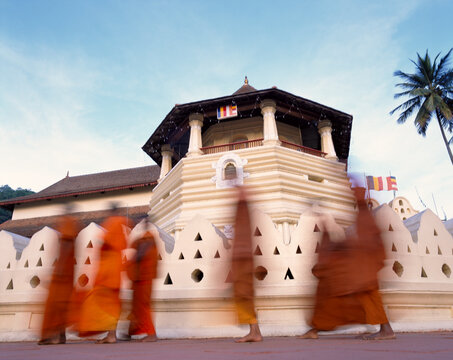 Buddhist monks in orange robes walking past Temple of the Tooth. Kandy.