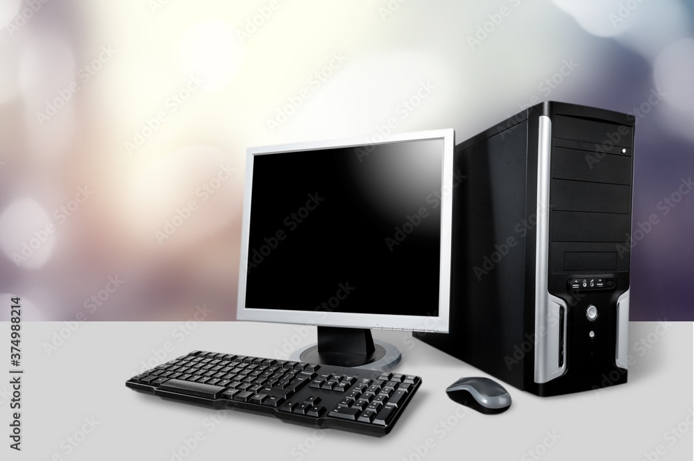 Poster classic desktop computer with a monitor on the desk