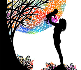 Mother with her daughter in her arms. Mother's Day. Mom teaches the child to walk. Multicolored tree made of hearts. Outdoors. Vector illustration
