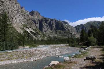 Majestic mountains dominating the skyline in Val Ferret, Aosta Valley. 