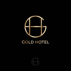 Gold Hotel logo. G and H monogram. G, H logo premium monogram consist of gold thin letters, isolated on a black background.