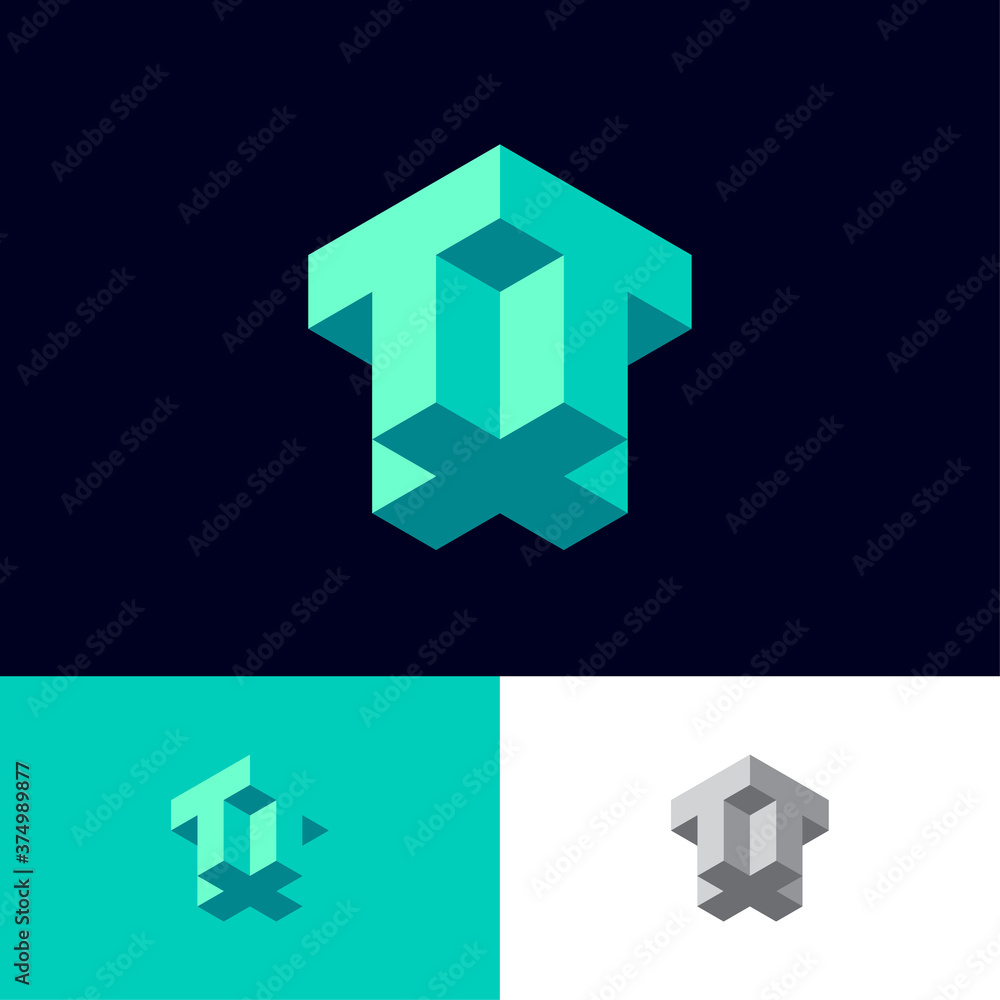Poster double t monogram like isometric projection. t plus t box logo volume typographic composition.