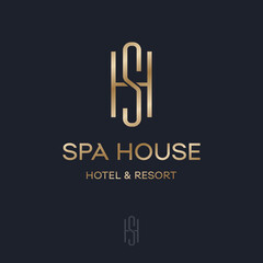 Spa House Logo. S and H monogram. S, H logo premium monogram consist of gold thin elements, isolated on a black background.
