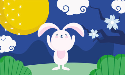 happy mid autumn festival, bunny full moon flowers grass nature, blessings and happiness