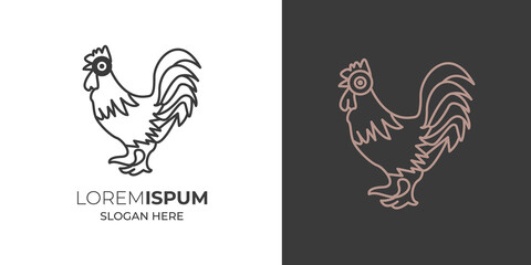 Chicken logo design white and black vector icon.poultry farm logo,running livestock,chicken crown,hen logo, rooster logo vintage minimal retro design .chicken line art logo design with food .