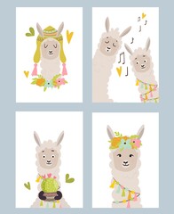 Cute card design with llamas portraits. Vector illustration for cards, invitations, print, apparel, nursery decoration.