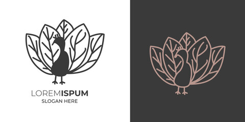 Peacock creative logo with leaf icon and circle icon.Peacock vector design .silhouette logo template vector illustration vintage minimal retro icon mono line