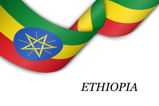 Waving ribbon or banner with flag of Ethiopia.