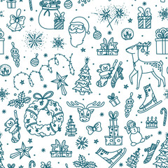 Merry Christmas seamless pattern with toys, presents, reindeer and other objects. Background sketch on Christmas topic. Vector illustration in doodle style