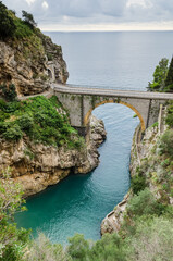 Amalfitan Coast of Italy. Cala di Furore beach, bridge over the gorge "Fiordo di Furore"