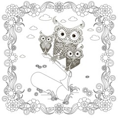 Owl on ax in deck in floral frame coloring page. Cut cartoons monochrome forest bird art design elements stock vector illustration for web, for print, for adult coloring book, coloring for children