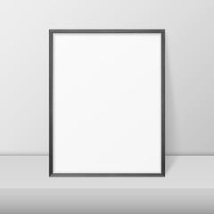 Vector 3d Realistic A4 Black Wooden Simple Modern Frame on a White Shelf or Table Against a White Wall. It can be used for presentations. Design Template for Mockup, Front View