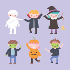 happy halloween, costume characters group kids, trick or treat, party celebration