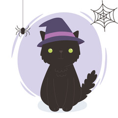 happy halloween, black cat with hat spider cobweb, trick or treat party celebration
