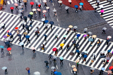 Asia, Japan, Tokyo, Shibuya, Shibuya Crossing - crowds of people crossing the famous crosswalks at the centre of Shibuyas fashionable shopping and entertainment district - elevated view