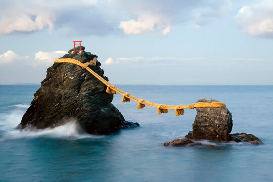 Japan, Central Honshu (Chubu), Ise-Shima, Futami, Meoto-Iwa (Wedded Rocks), these two rocks are considered to be male and female and have been joined in matrimony by shimenawa (sacred ropes), which are renewed in a special festival each year