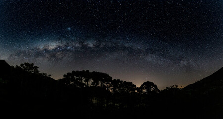 Panorama of a starry night sky with milkyway in Minas Gerais, Brazil.