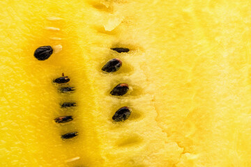 Closeup of fresh yellow watermelon slices on white plate