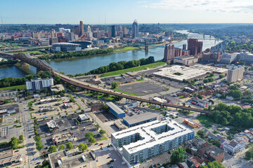 Aerial photo of blue skies over Cincinnati, the Ohio River, Covington Kentucky and Newport.