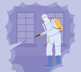virus disinfection, man wearing protective suit pandemic health risk, disinfecting bacteria virus