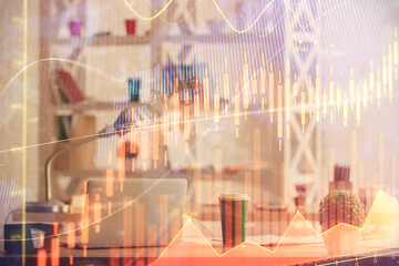 Double exposure of stock market graph drawing and office interior background. Concept of financial analysis.