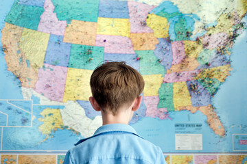 Boy stands looking at a map of the United States