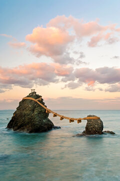Japan, Central Honshu (Chubu), Ise-Shima, Futami, Meoto-Iwa (Wedded Rocks), these two rocks are considered to be male and female and have been joined in matrimony by shimenawa (sacred ropes), which are renewed in a special festival each year