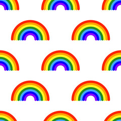 Beautiful bright rainbow isolated on white background. Childish cute seamless pattern. Side view. Colored silhouette. Vector flat graphic illustration. Texture.