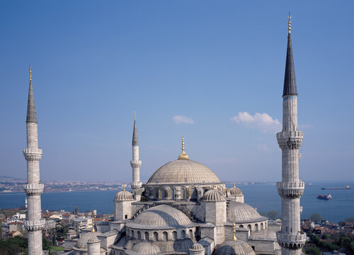 View of the minarets of the Blue Mosque with the Bosphorus behind. Istanbul.